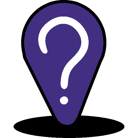 A purple place marker with a white question mark on a black disk.